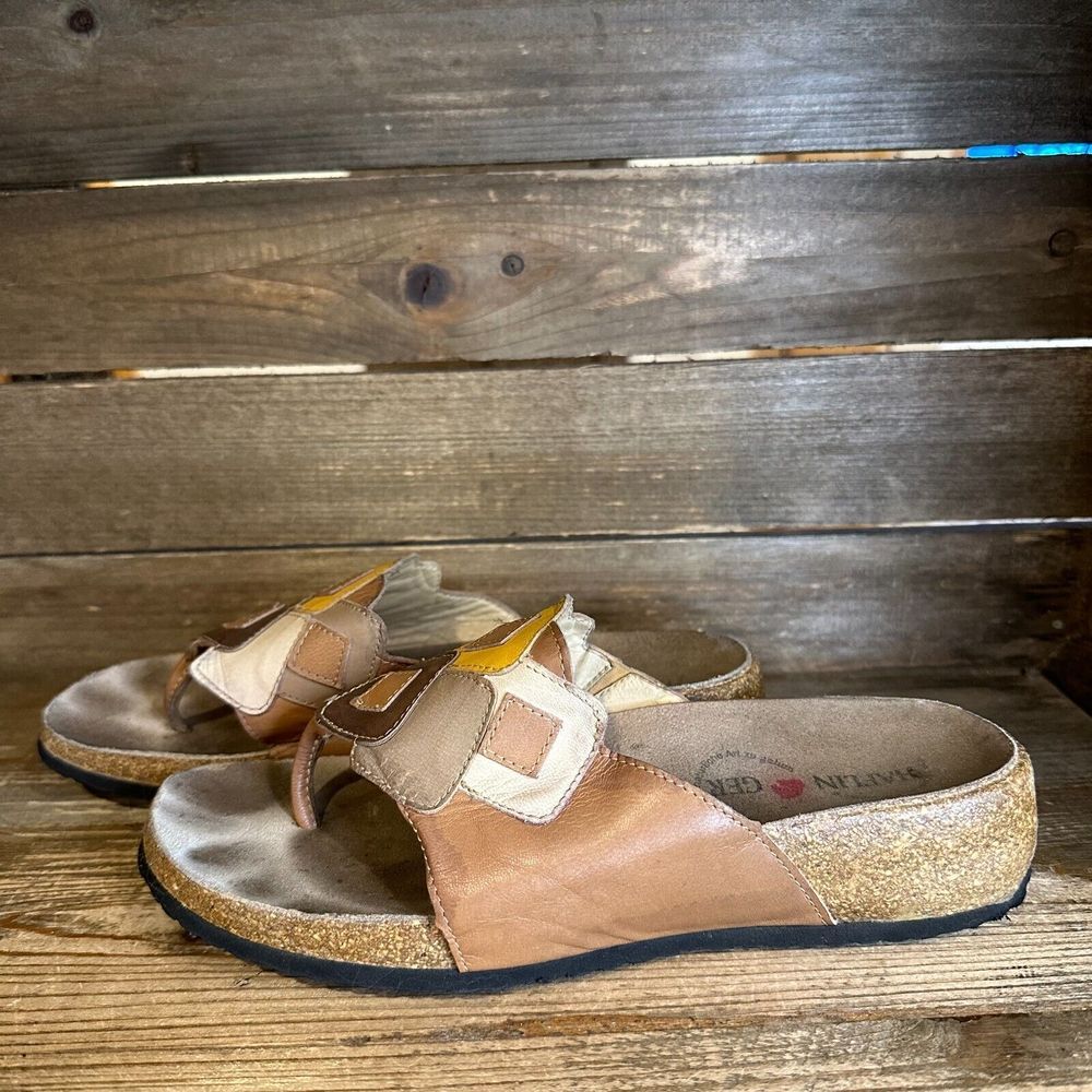 Womens Haflinger Brown Abstract Leather Thong Comfort‎ Sandals Slides 38 US 7 M - Picture 2 of 6